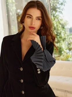 Pleated Ruffle-Cuff Velvet Skirt Set