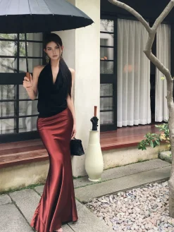 Pleated Satin Maxi Skirt