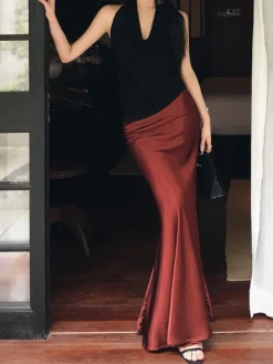 Pleated Satin Maxi Skirt