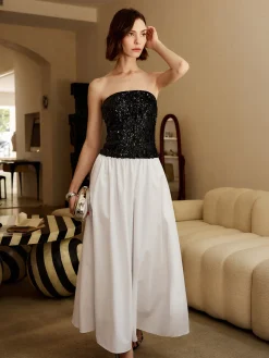 Pleated Sequins Tube Long Dress
