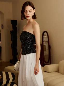 Pleated Sequins Tube Long Dress
