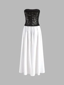 Pleated Sequins Tube Long Dress