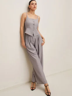 Pleated Sleeveless Plain Pants Set
