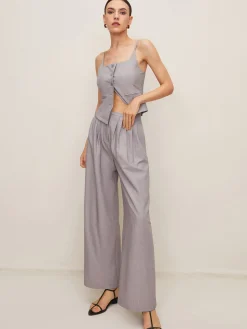 Pleated Sleeveless Plain Pants Set