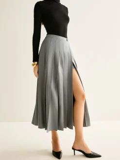 Pleated Slit Zipper Skirt