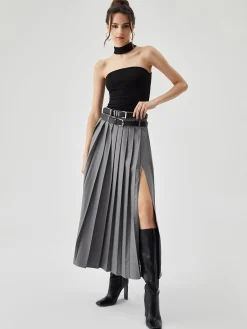 Pleated Split Maxi Skirt Without Belt
