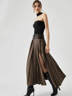 Pleated Split Maxi Skirt Without Belt