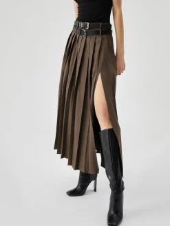 Pleated Split Maxi Skirt Without Belt