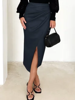 Pleated Split PU Leather Skirt