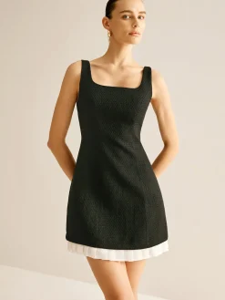 Pleated Trim Tweed Tank Short Dress