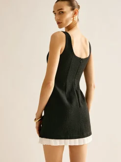 Pleated Trim Tweed Tank Short Dress