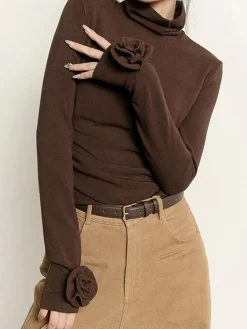 Pleated Turtleneck 3D Flower Slim T-Shirt
