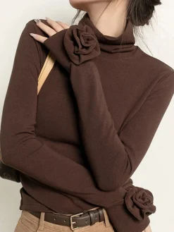 Pleated Turtleneck 3D Flower Slim T-Shirt