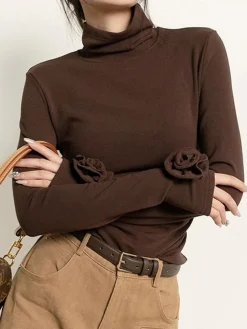 Pleated Turtleneck 3D Flower Slim T-Shirt
