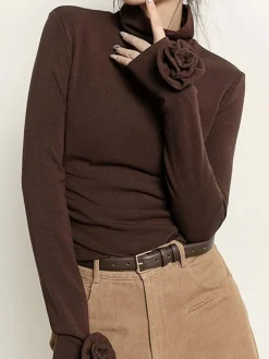 Pleated Turtleneck 3D Flower Slim T-Shirt