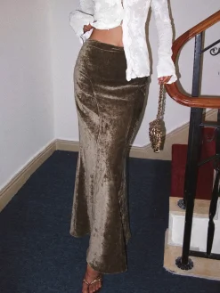 Pleated Velvet Maxi Skirt