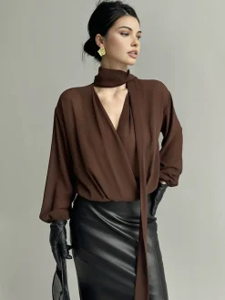 Pleated V-Neck Shirt With Scarf