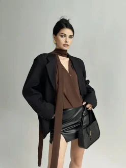 Pleated V-Neck Shirt With Scarf
