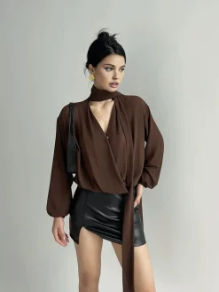 Pleated V-Neck Shirt With Scarf