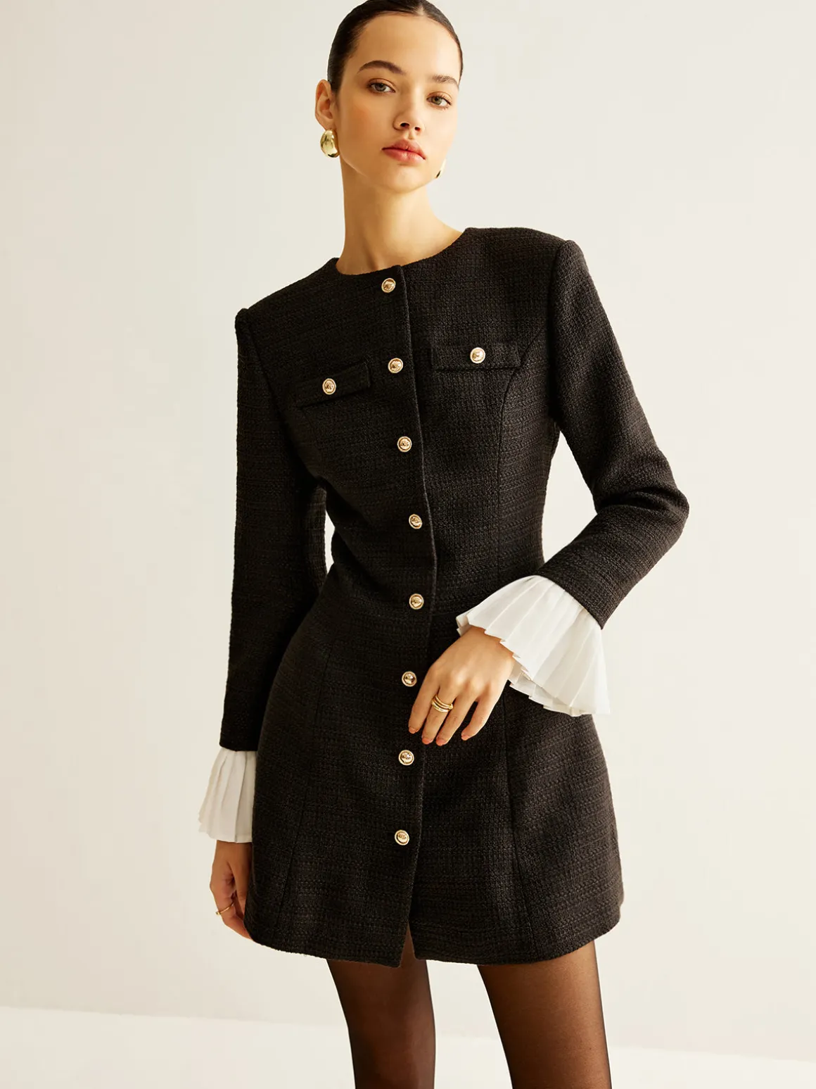 Pleated-Cuff Tweed Breasted Dress