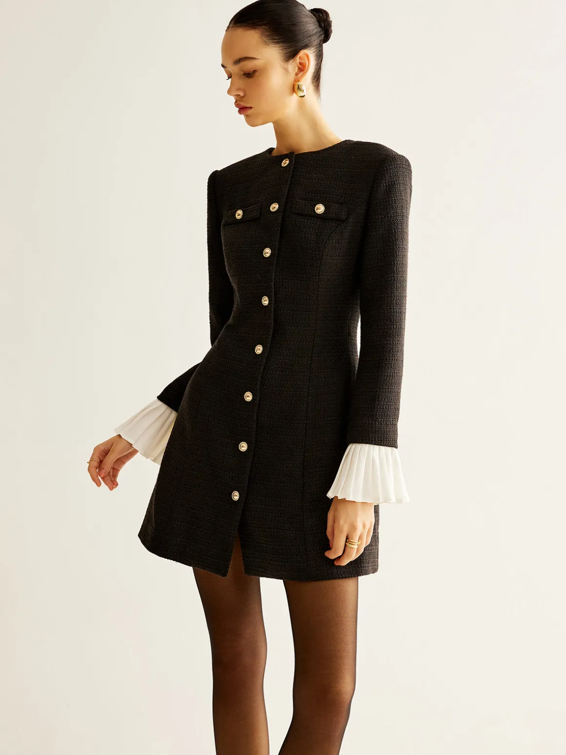 Pleated-Cuff Tweed Breasted Dress