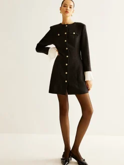 Pleated-Cuff Tweed Breasted Dress
