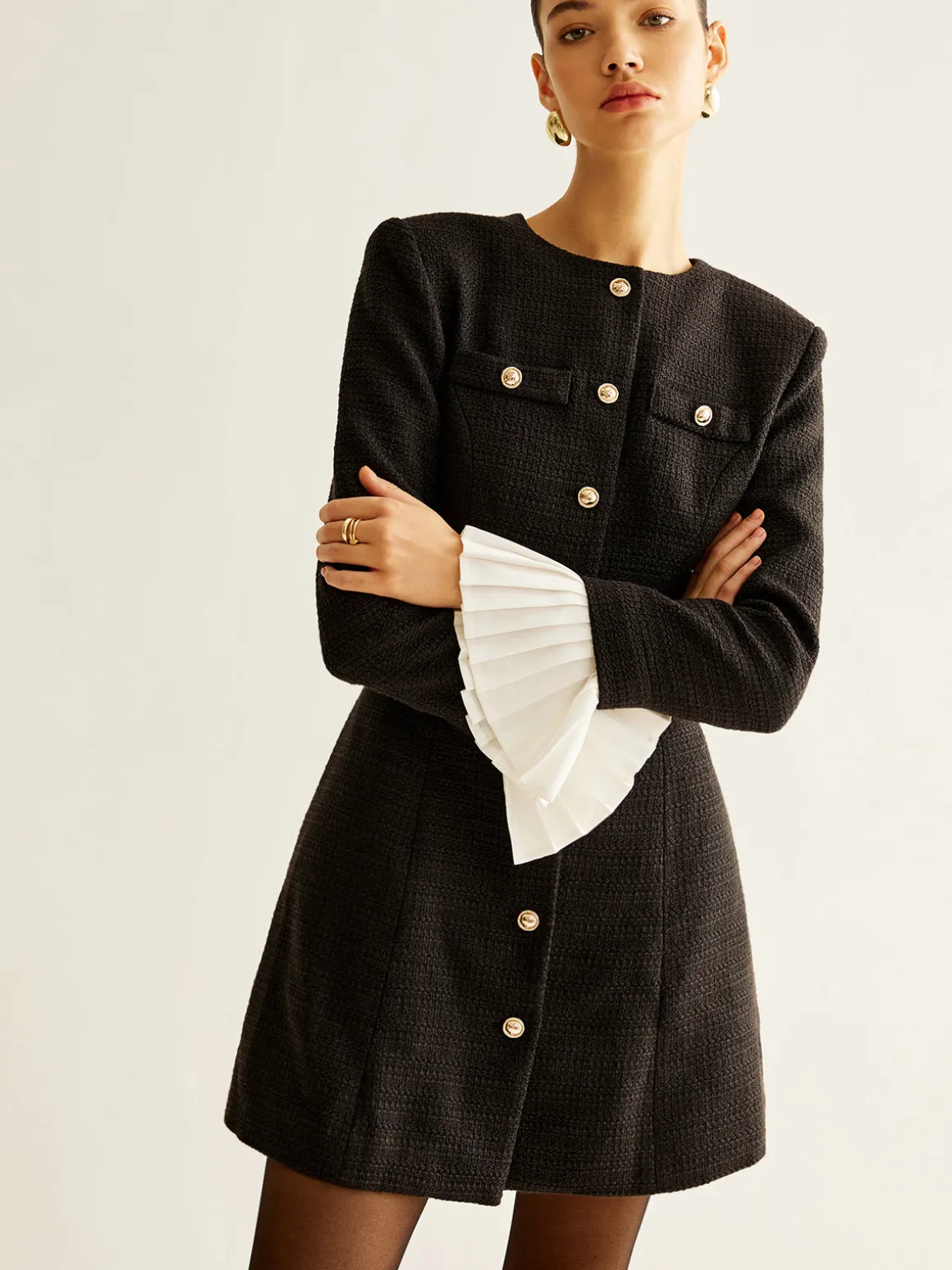 Pleated-Cuff Tweed Breasted Dress