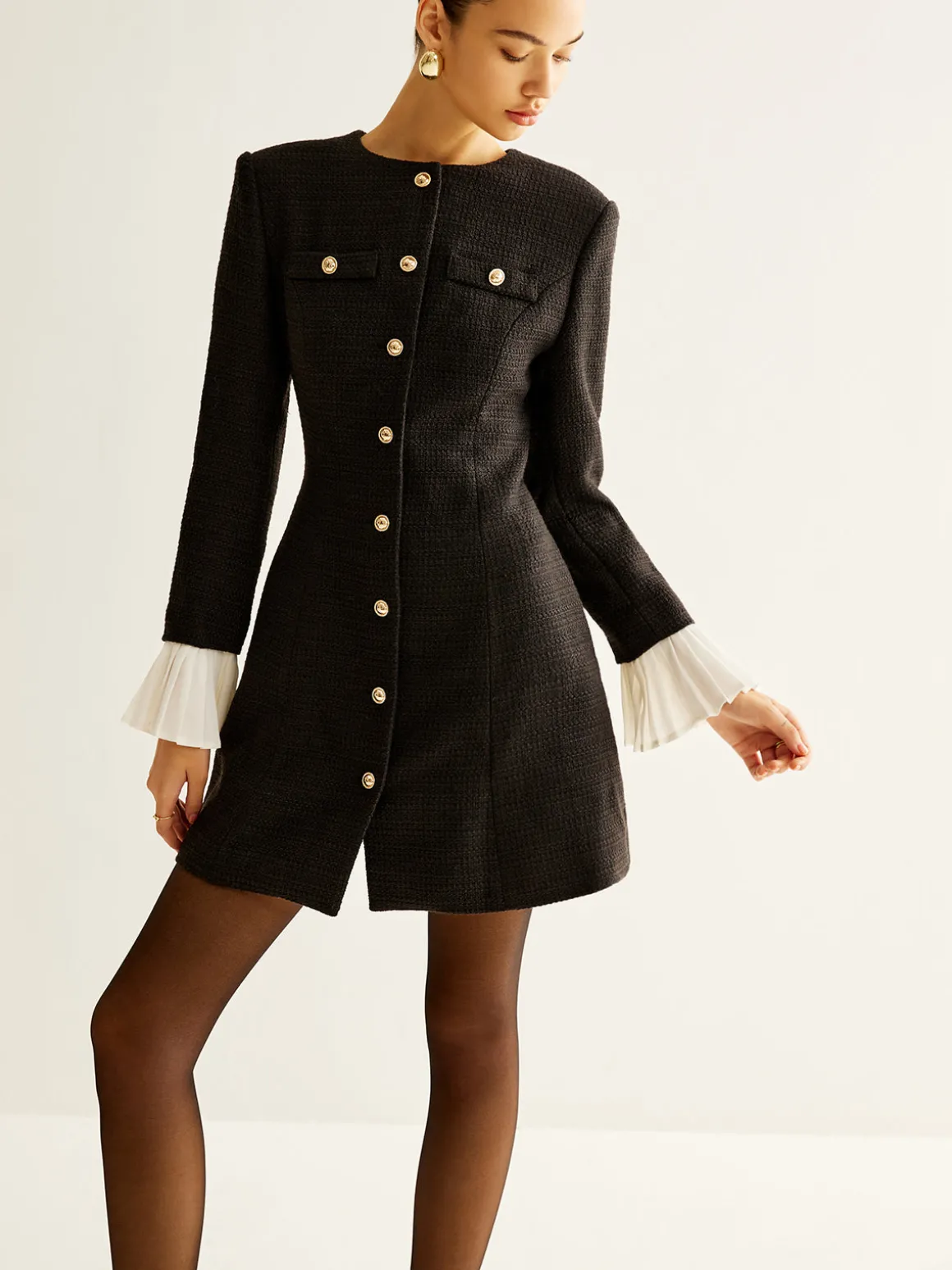 Pleated-Cuff Tweed Breasted Dress