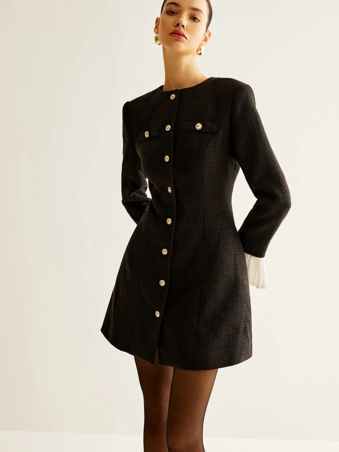 Pleated-Cuff Tweed Breasted Dress
