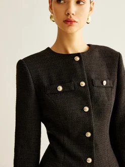 Pleated-Cuff Tweed Breasted Dress