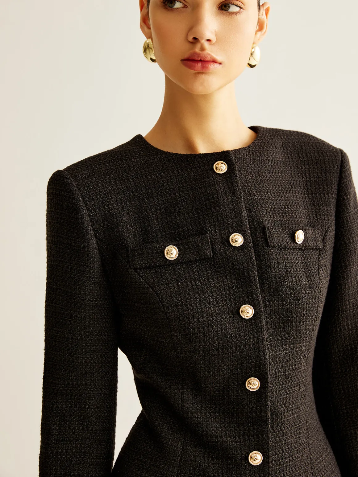 Pleated-Cuff Tweed Breasted Dress