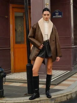 Pockets Belted Faux Leather Fleece Jacket