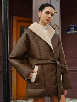 Pockets Belted Faux Leather Fleece Jacket