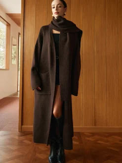 Pockets Long Knit Outerwear With Scarf
