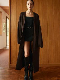 Pockets Long Knit Outerwear With Scarf