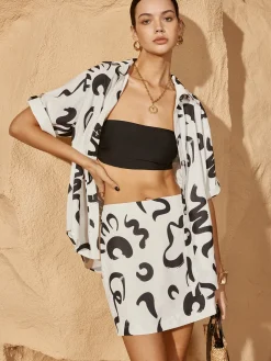 Print Button Pockets Skirt Set