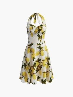 Print Cotton Halter Sweetheart Neck Dress