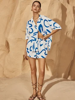 Print Drawstring Shift Shorts Set
