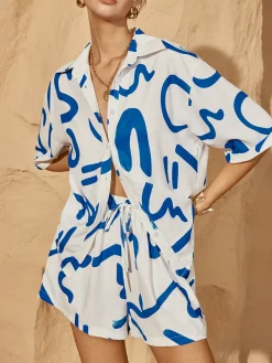Print Drawstring Shift Shorts Set