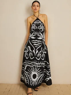 Print Halter Backless Long Dress