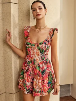 Print Low Cut Ruffle Short Dress