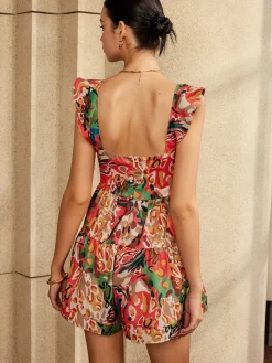 Print Low Cut Ruffle Short Dress