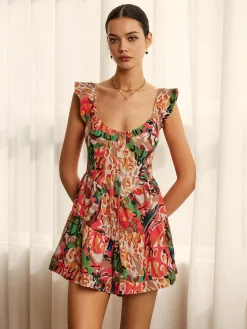 Print Low Cut Ruffle Short Dress