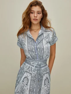 Print Turndown Collar Pockets Skirt Set