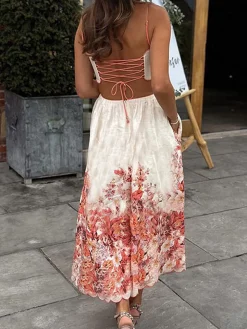 Printed Backless Spaghetti Strap Dress