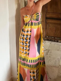 Printed Cutout Lace Up Pleated Dress