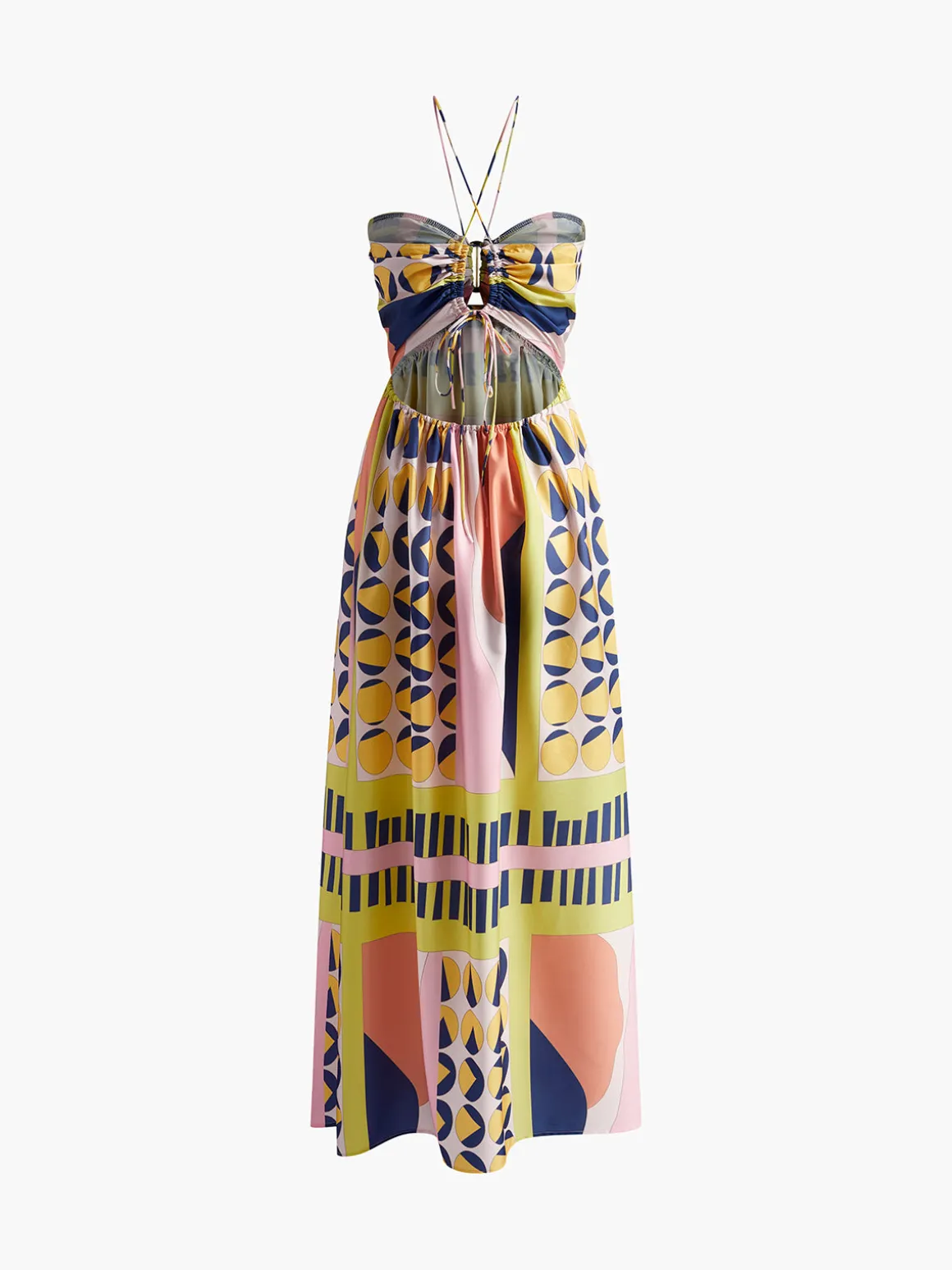 Printed Cutout Lace Up Pleated Dress