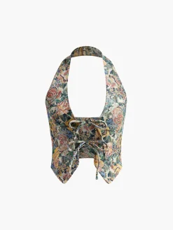Printed Sexy Halter Tie Front Vest