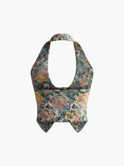 Printed Sexy Halter Tie Front Vest