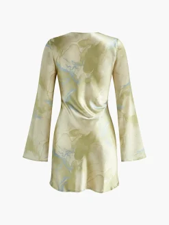 Printed Tie Front Long Sleeve Dress